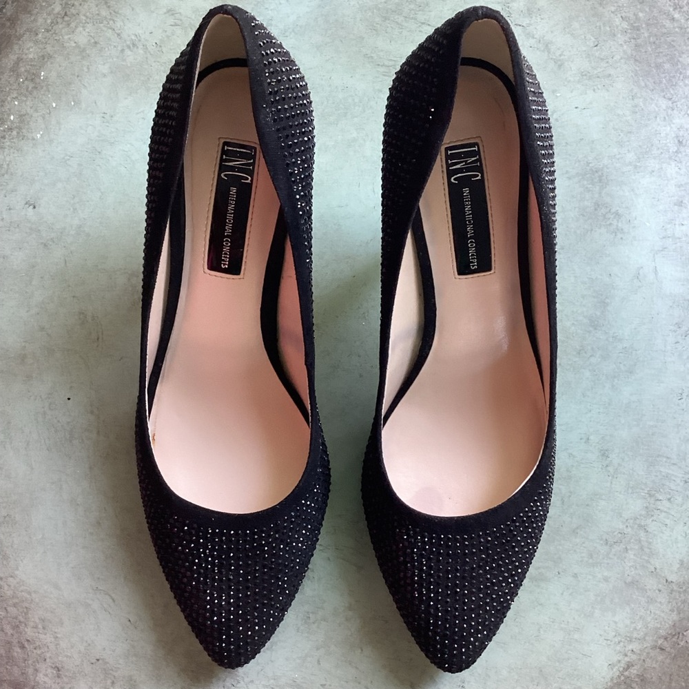 INC International Concepts Black Zitah Embellished Pointed Pump Size 8